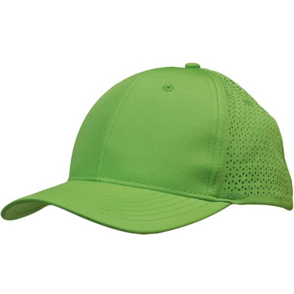 A bright green sports cap featuring triangle perforations and a logo on the side.