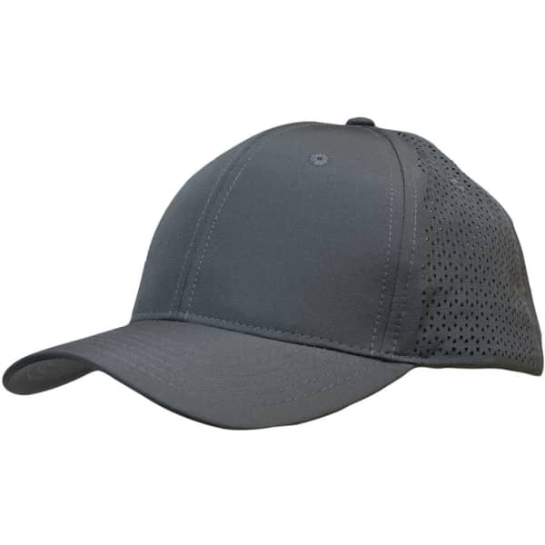 A grey sports cap made from ripstop twill, featuring triangle perforations and a logo on the side.