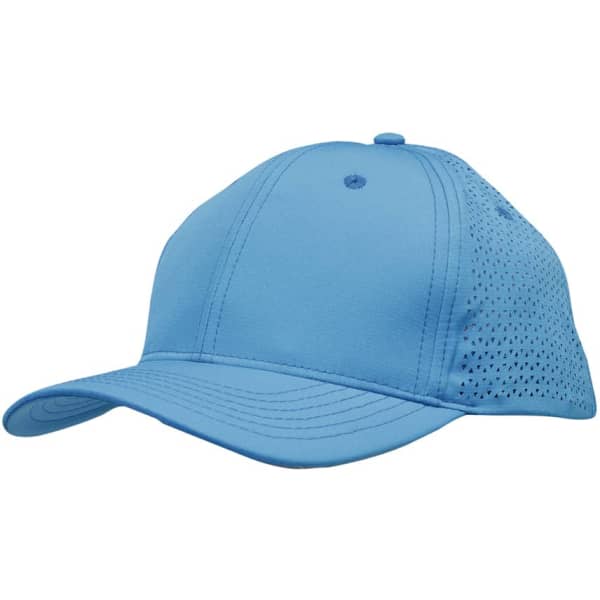 A blue sports cap featuring ripstop twill fabric and triangle perforations on the sides, with a curved brim and a logo.