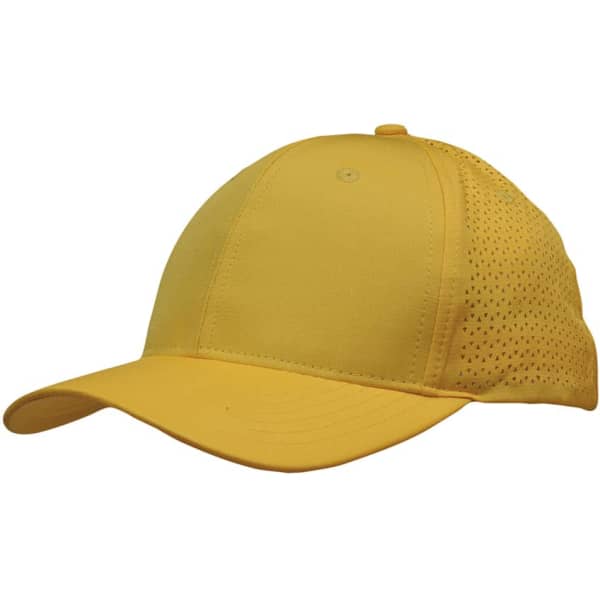 A yellow sports cap made of ripstop twill, featuring triangle perforations and a logo on the side.