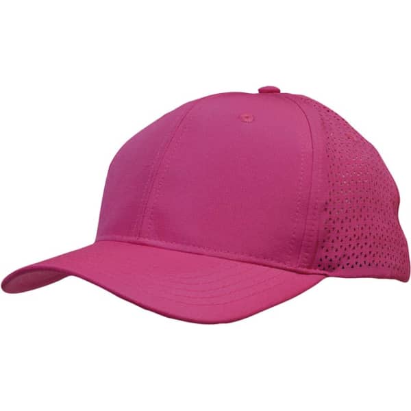 A pink sports cap featuring triangle perforations, designed for summer activities, with a logo on the front.