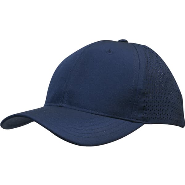 A navy cap with triangle perforations and a curved brim, featuring a logo on the side.