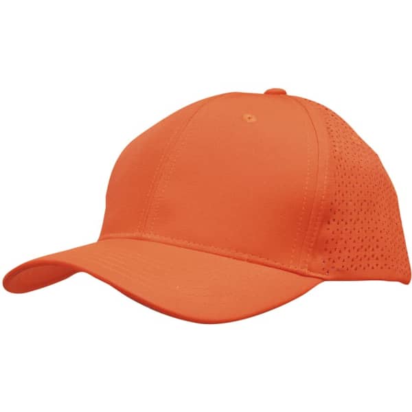 An orange sports cap with triangle perforations and a structured design, featuring a logo.