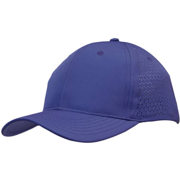 A blue sports cap with triangle perforations on the side and a structured brim. It features a logo.