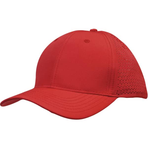 A red Sports Ripstop Twill Cap featuring triangle perforations, with a curved visor and a logo.
