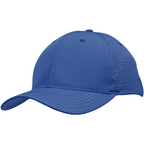 A blue sports cap featuring triangle perforations for breathability and a logo on the front.