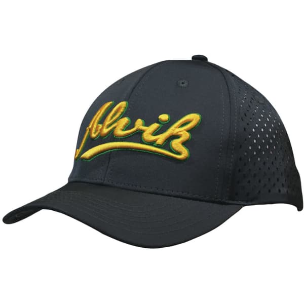 A black cap featuring tear drop perforations and a logo in yellow and green embroidery on the front.