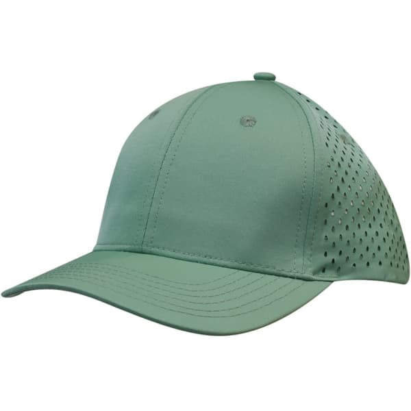A green sports twill cap featuring tear drop perforations and a logo.