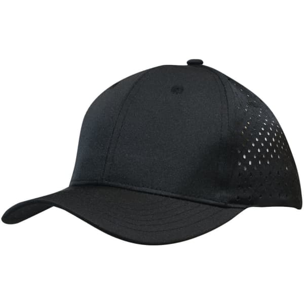A black premium cap with tear drop perforations and a logo on the side.