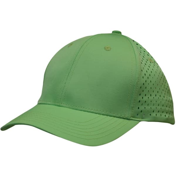 A green sports cap with tear drop perforations and a logo, featuring a structured design and curved brim.