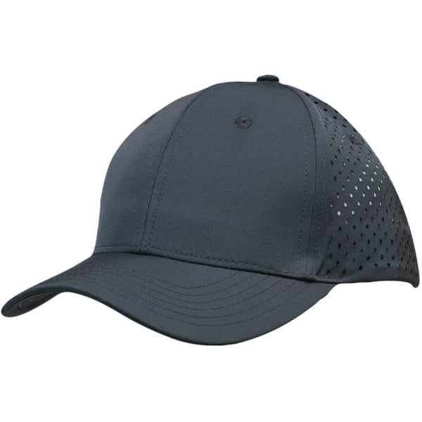 A dark grey sports cap featuring tear drop perforations and a logo on the side.