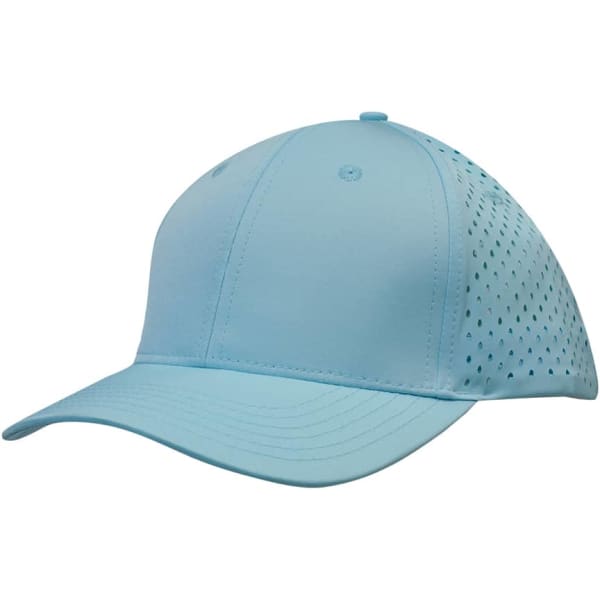 A light blue sports cap featuring tear drop perforations on the sides and a curved visor. It has a logo on the front.