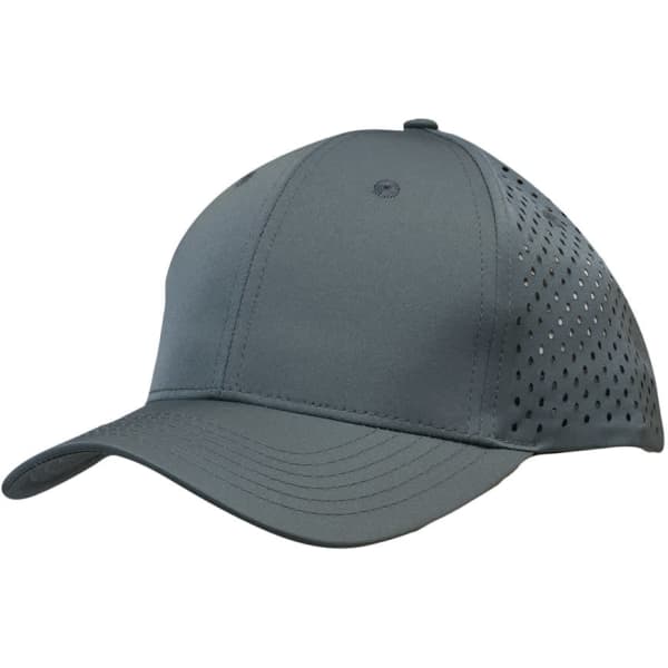 A grey sports cap with tear drop perforations and a logo on the front.