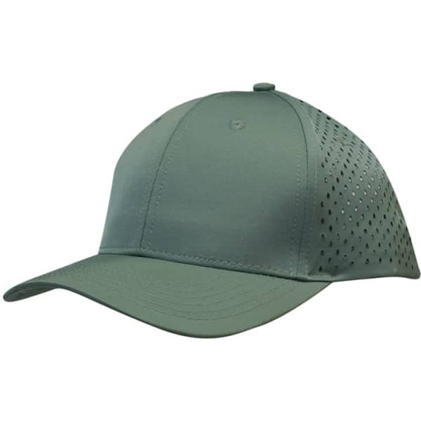 A green sports cap featuring tear drop perforations and a curved brim. It has a logo on the front.