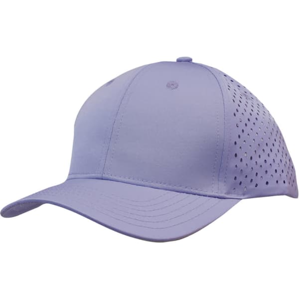 A lilac sports cap featuring tear drop perforations and a curved brim. The cap also has a logo.