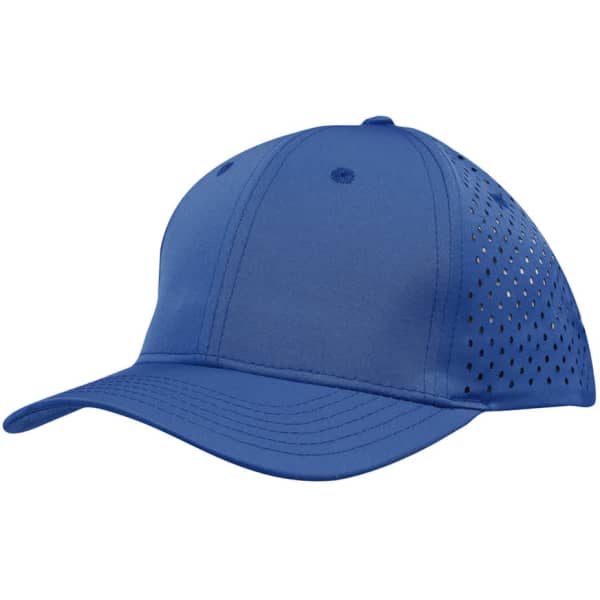 A blue cap featuring tear drop perforations on the side and a curved brim, with an unobtrusive logo.