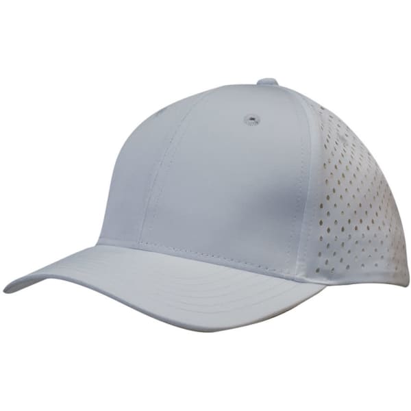 A white sports cap featuring tear drop perforations and a curved brim. It has a logo on the front.