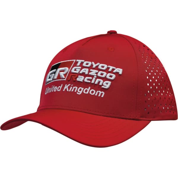 A red cap featuring tear drop perforations and a branding logo on the front.