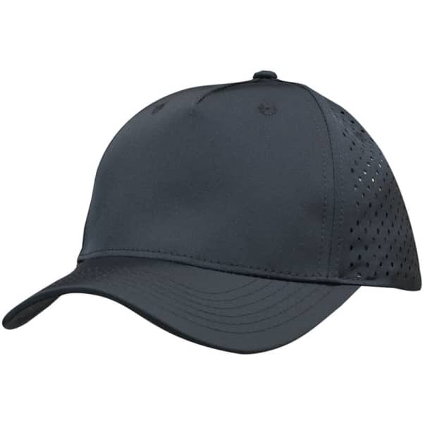 A black sports twill cap with tear drop perforations and a curved brim. Features a logo on the front.