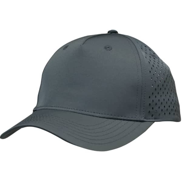 A grey sports cap with tear drop perforations and a curved brim, featuring a logo on the front.