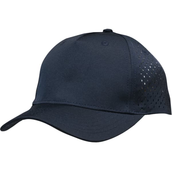 A navy sports cap with tear drop perforations and a logo on the side.