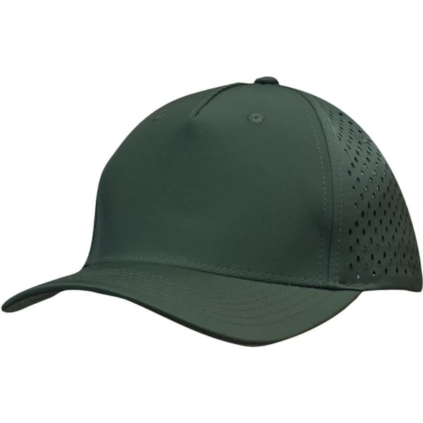 A dark green sports cap featuring tear drop perforations and a logo on the front.
