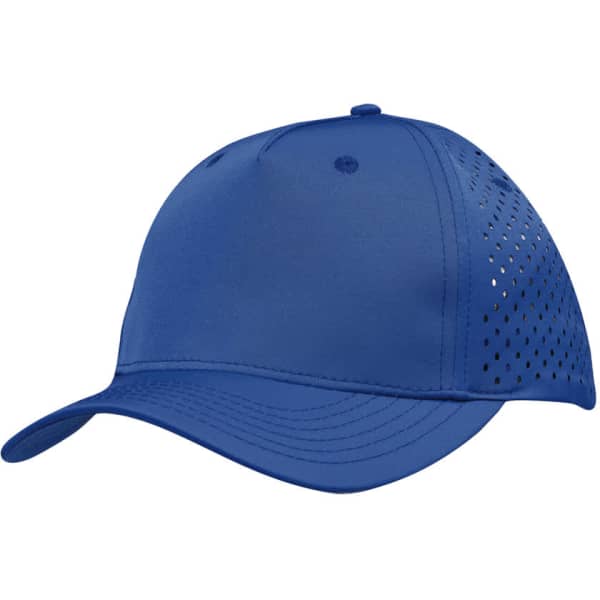 A blue sports twill cap featuring tear drop perforations and a logo.