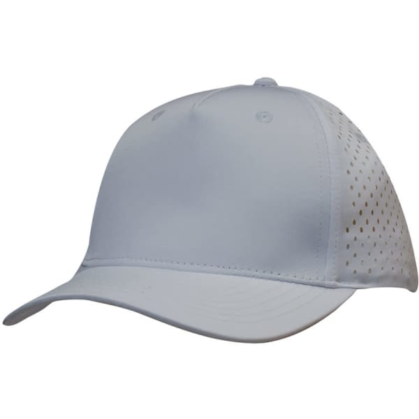A light grey cap with teardrop perforations and a logo on the side, designed for sports and casual wear.