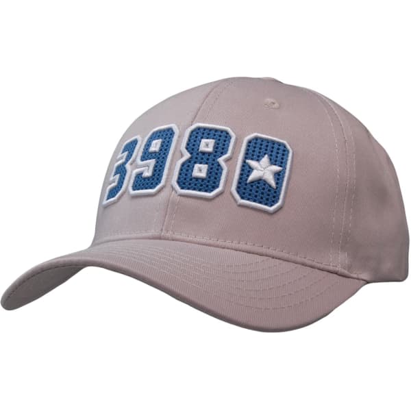 A breathable poly twill cap in light grey, featuring a blue embroidered design and a logo.