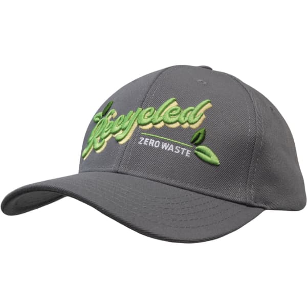 A grey cap with green embroidered text and a logo, featuring a curved brim and an adjustable strap.