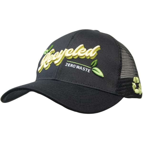 A black cap with a mesh back, featuring embroidered 