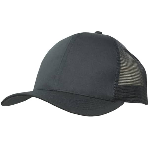 A black cap with a breathable poly twill front and a mesh back, featuring a logo on the front.