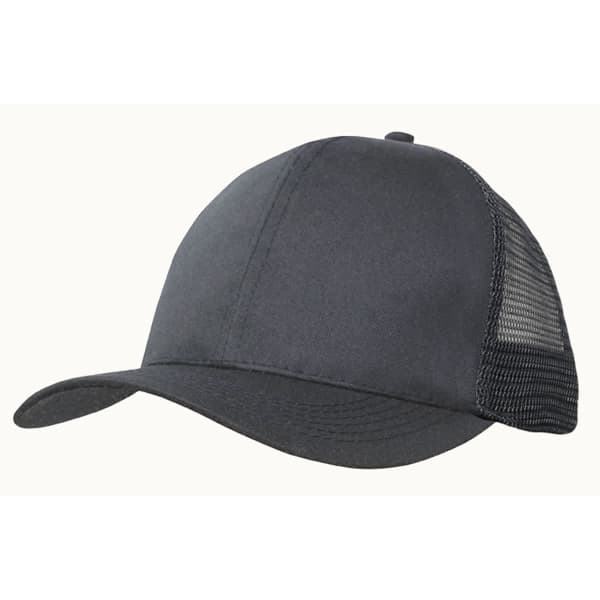 A black cap made from recycled breathable poly twill with a mesh back and a curved brim. It features a logo.