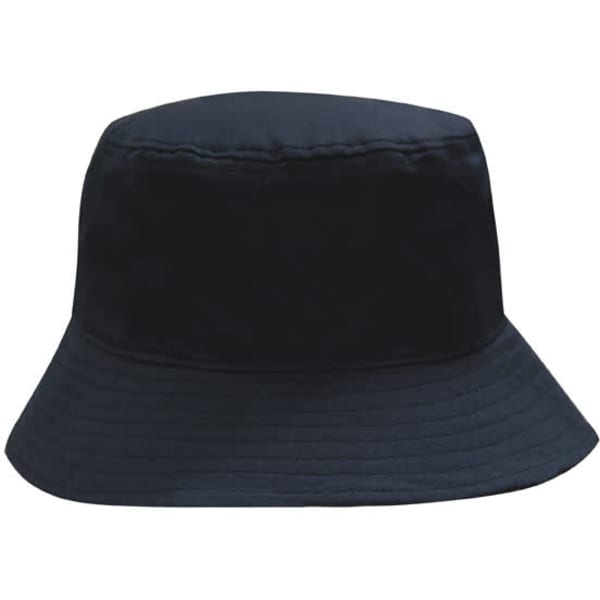 A black recycled breathable poly twill bucket hat with a wide brim and a slight sheen. Includes a logo.