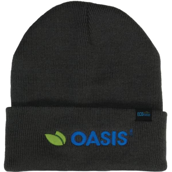 A dark grey beanie with a cuff and a logo on the front. Made from recycled materials.