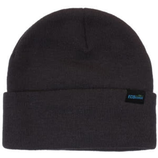 A dark grey recycled roll-up beanie with a small logo. Suitable for headwear.