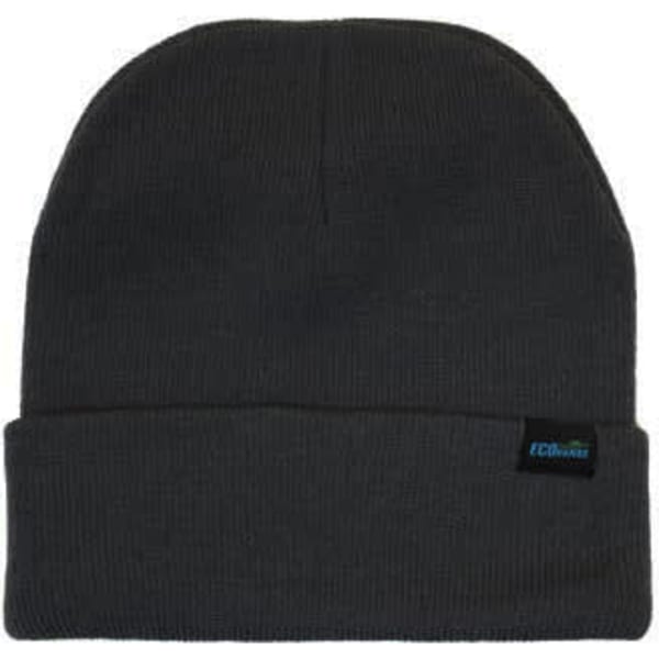 A dark grey recycled roll-up beanie with a small logo on the side.