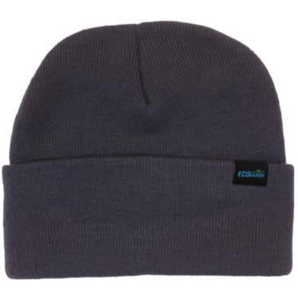A dark grey beanie with a roll-up cuff and a small logo on the side.