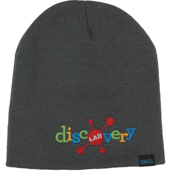 A grey beanie with a multicoloured logo featuring the words 