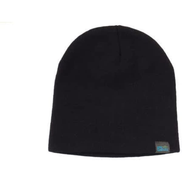 A black beanie with a logo tag, featuring a roll-down style, made from recycled materials.