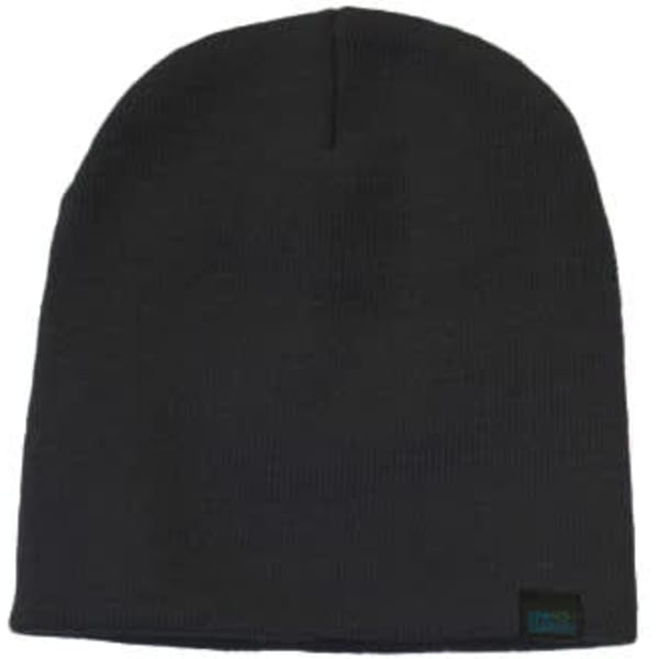 A black beanie made from recycled materials, featuring a small logo on the side.