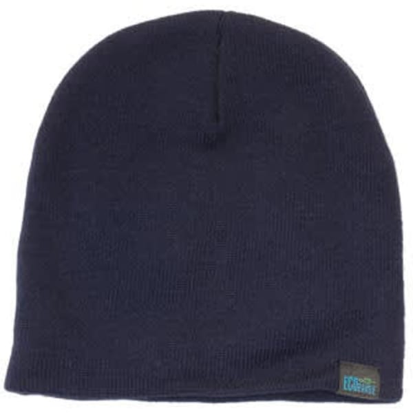 A navy beanie made from recycled materials, featuring a small logo tag.