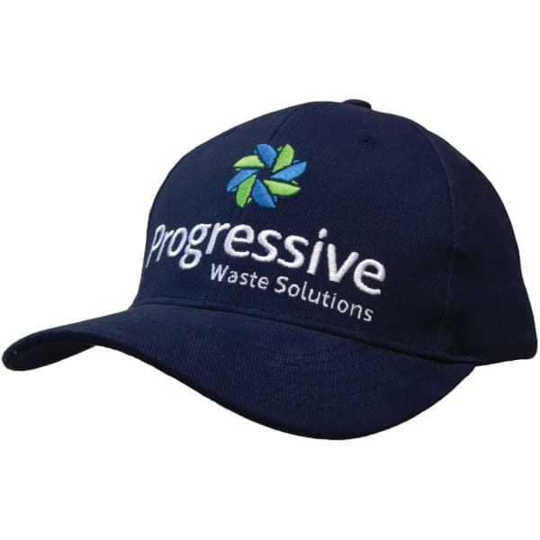 A navy blue cap made of organic brushed heavy cotton, featuring an embroidered logo.