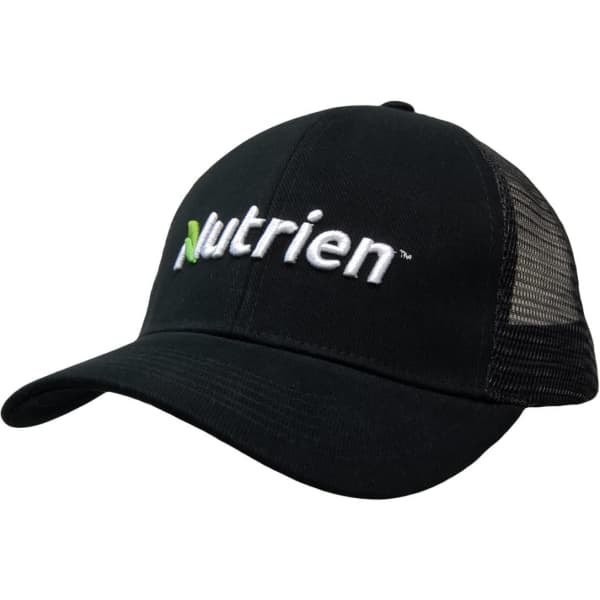 A black organic brushed heavy cotton cap with a mesh back, featuring a logo on the front.