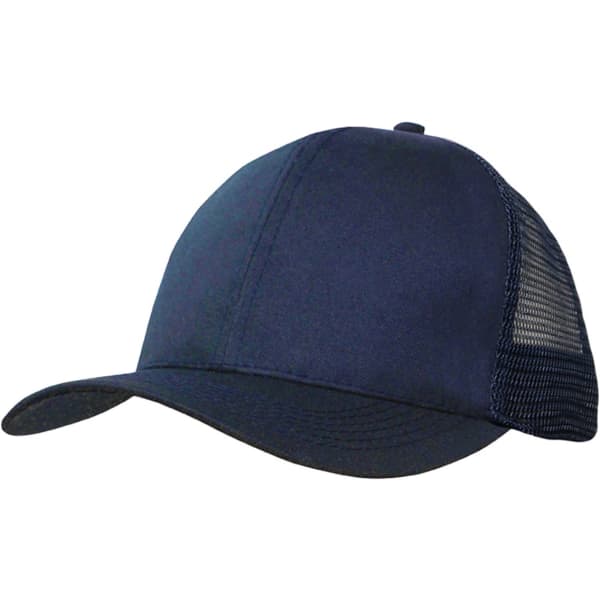 A navy blue organic brushed heavy cotton mesh back cap with a curved visor and a logo on the front.