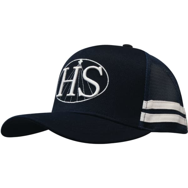 A navy trucker cap featuring a mesh back and white stripes, with a logo on the front.