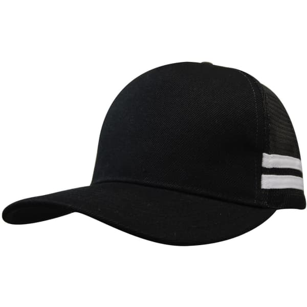 A black trucker cap featuring a solid front and mesh back with two white stripes on the side.