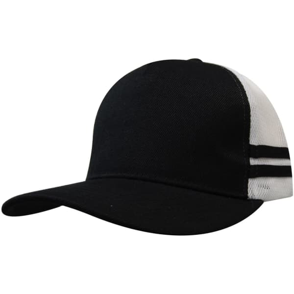 A black and white trucker cap featuring stripes and a branded logo on the side.