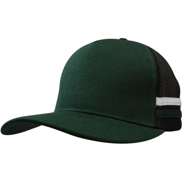 A deep fit trucker cap with green fabric and black mesh, featuring two white stripes on the side.