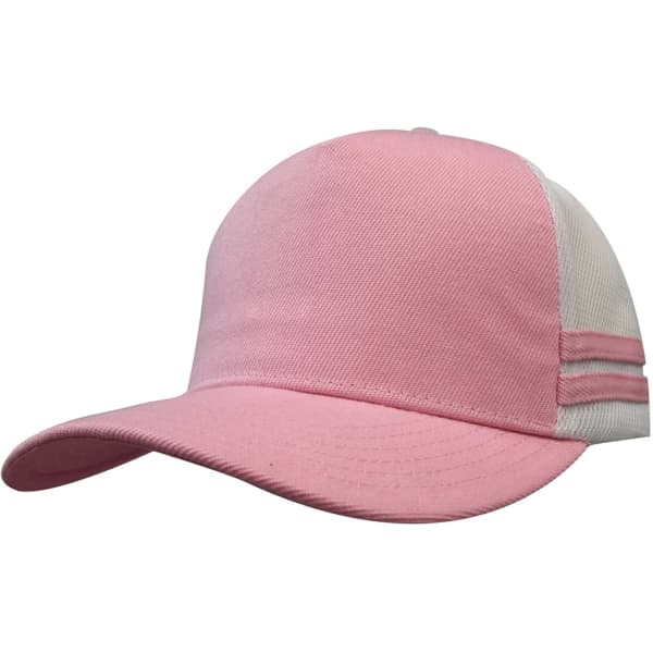 A pink trucker cap with a white mesh back and striped detailing, featuring a logo on the front.